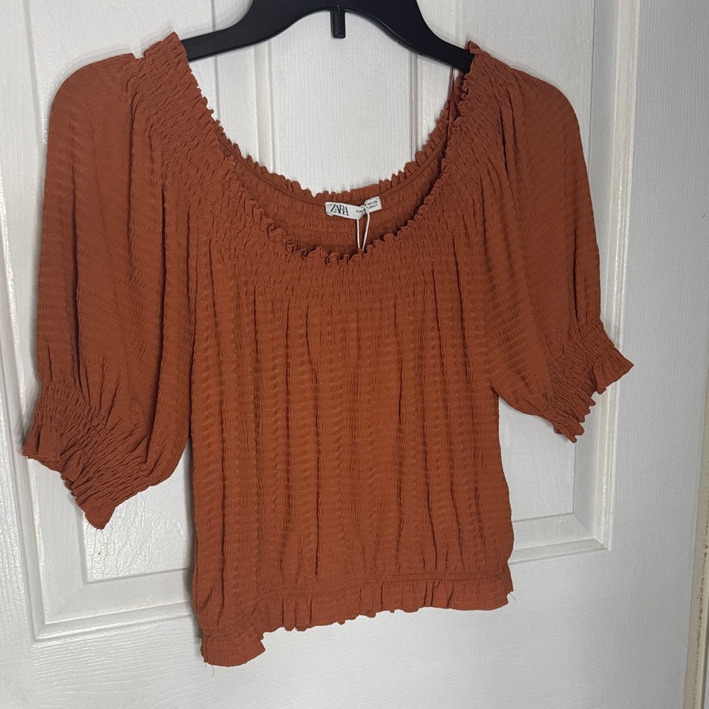 Zara Terracotta Smocked Blouse